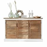 Façade aspect lamelles Loberon Buffet Frapelle - Qualité artisanale - Façade aspect lamelles - Avec tiroirs cachés à l\'intérieur - Commode - Bois de manguier - Blanc/marron