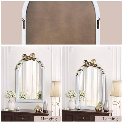 Image of 36x24 Arched White Bow Wall Mirror with Gold Ribbon, Vintage Vanity Mirror for Bedroom & Nursery Decor, Cute Coquette Aesthetic Engineered Wood Frame, Shabby Chic Style