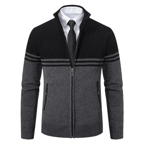 Spring and Winter Men's Zipper Cardigan Contrasting Striped Long Sleeved Stand Up Collar Warm Knit Sweater - Main Image