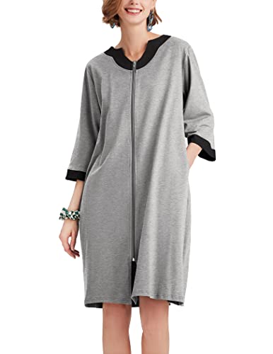 Ekouaer Women Zipper Robe 3/4 Sleeve Nightgowns Lightweight Short Bathrobe with Pockets S-3XL