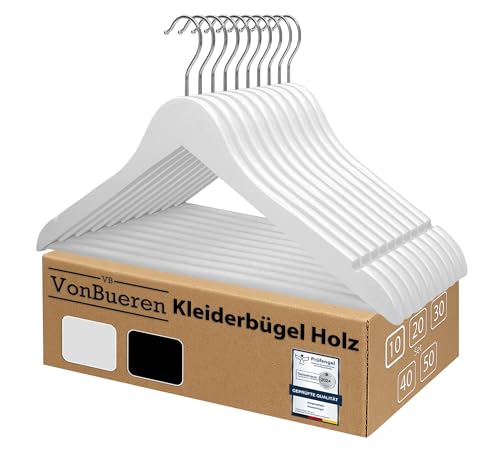 10 x Kleiderbügel Holz weiß VonBueren | 44,5 x 22 cm je Bügel/Holzbügel | Holzkleiderbügel Weiss | 360 Grad drehbar