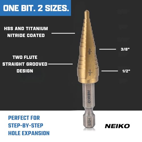 Image of NEIKO 10616A Step Drill Bit, 2 Steps 3 /8 inch to 1 /2 inch Straight High Speed Steel, Titanium Nitride Coated, 1 /4 inch Quick Change Step Bits for Steel, Metal, Wood, Plastic, Unibit Cone Drill Bits, Two Flute
