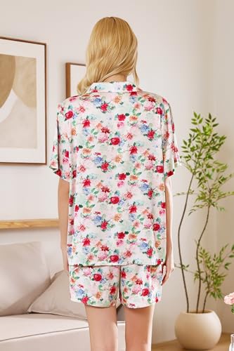 Image of YiNi LuLu Womens Silk Satin Shorts Pajamas Set Button Down 2 Piece Pjs Short Sleeve Oversized Sleepwear with Pockets