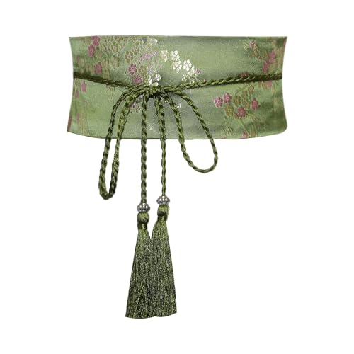 ZooBoo Chinese Satin Embroidered Waist Beltâ€“Hanfu Tassel Waist Cincher Traditional Floral Brocade Obi Sash for Women (Green)