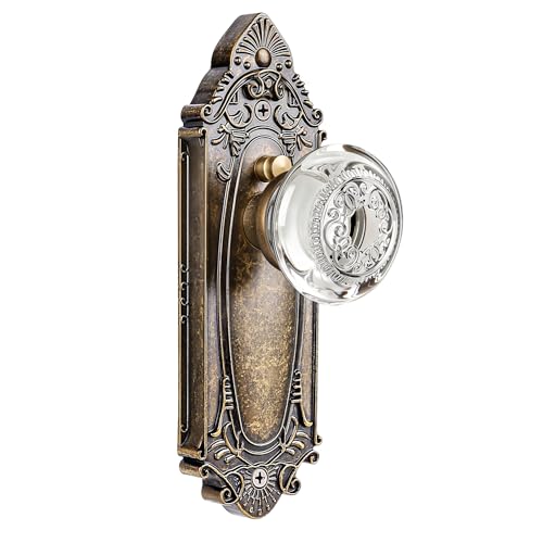 CEYMIO Crystal Door Knob Vintage Privacy Lock Antique Brass Base Glass Door Handle Set for Bedroom Bathroom Hallway or Closet