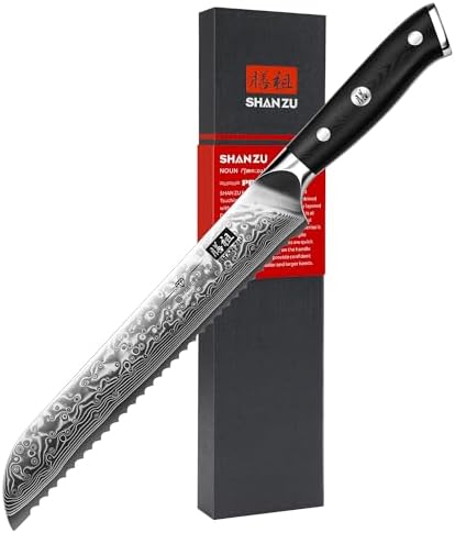 SHAN ZU Damast Brotmesser 20cm mit Wellenschliff | 67 Lagen Japanischer Damaststahl, Küchenmesser aus kohlenstoffreichem Superstahl, Ergonomischem G10-Griff - PRO Series