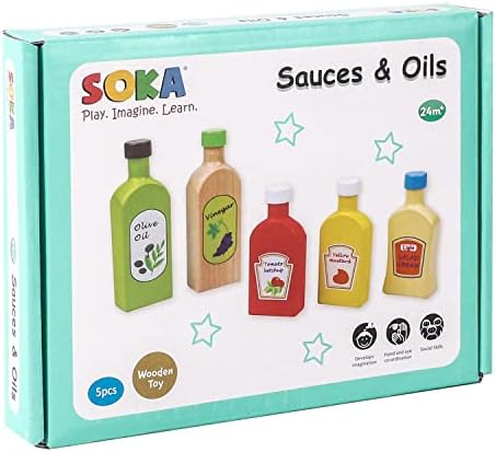 SOKA Wooden Pretend Play Kitchen Food Sauces & Oils Condiments Set Developmental Montessori Activity Toy Playset for Toddlers Children Boy Girl Ages 2 year old +