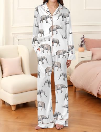 Image of SHESHOW Satin Pajamas Set for Women Set Long Sleeve Button Down Pjs Sets 2 Piece Loungewear Animal Sleepwear XS-XXL
