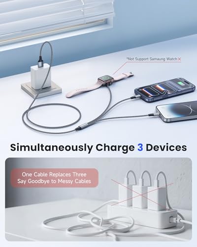 RAVIAD 3 in 1 Ladekabel für Apple Watch 1.2M, Multi USB Kabel mit Apple Watch Ladegerät, USB C, Lightning Kompatibel mit iWatch Ultra/SE/11/10/9/8/7/6, iPhone 17/16/15/14/13/12/11, Galaxy 3