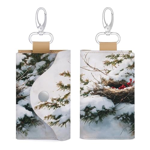 Bird's Nest in The Evergreen Tree Key Holder Bag PU Leather ID Card Holder Keychains Case Cover for Men Women3