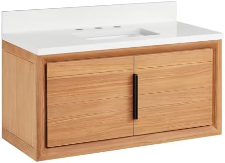 Signature Hardware 955225-36-rumb Aliso 36" Wall Mount Teak Single Basin Vanity Set with Cabinet, Vanity Top, and Rectangular Undermount Sink - 8" Faucet Holes - Natural Teak/Arctic White