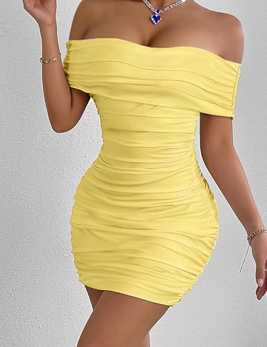 Image of Womens Off Shoulder Sleeveless Bodycon Dresses Ruched Solid Sexy Graduation Cocktail Party Mini Dresses