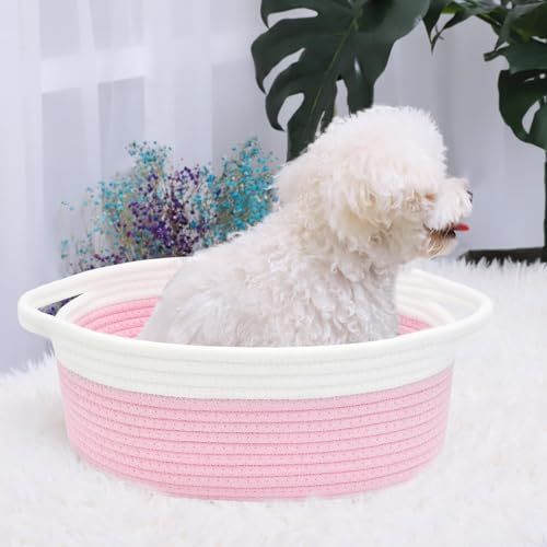 Image of ABenkle Small Basket with Handles, Boho Decorative Rope Woven Dog Cat Toy Storage Bin Shelf Storage Organizer, Easter Christmas Gift Basket, 12 inchx8 inchx5 inch, Pink