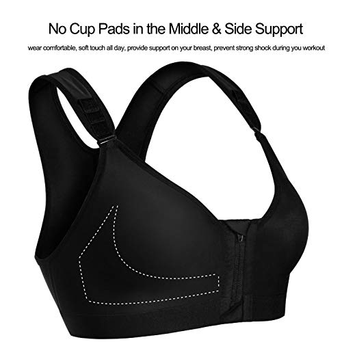 Brabic Women Post-Surgical Sports Support Bra Front Closure With Adjustable Straps Wirefree Racerback (Black With Zipper, L (Fit For 36B 36C 36D 38A)) #TOP3