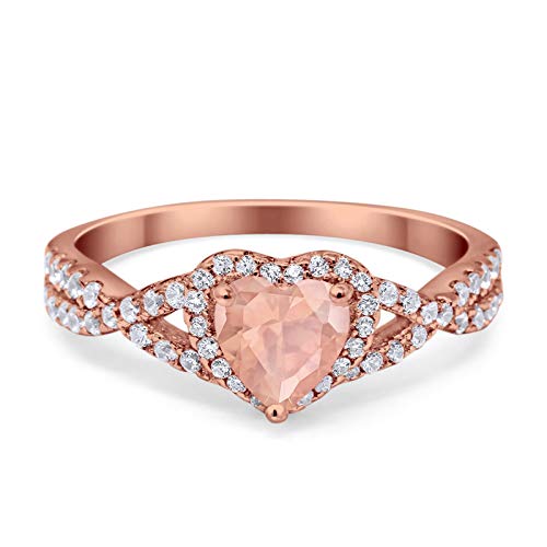 Halo Heart Promise Ring Infinity Shank Simulated Morganite Round CZ Rose Tone Rhodium 925 Sterling Silver, Size-6