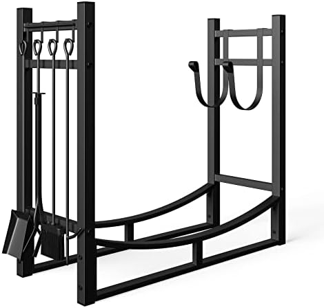 Mr IRONSTONE 34in Firewood Rack Fireplace Tools Rack Indoor Fire Wood Racks Outdoor Firewood Rack Heavy Duty Firewood Holder,Fireplace Accessories,Fireplace w/Kindling Holder,Shovel,Poker,Tongs,Broom