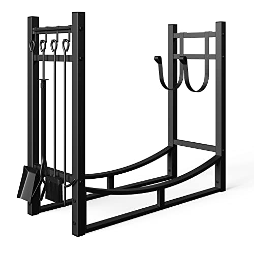 Mr Ironstone 34In Firewood Rack Fireplace Tools Rack Indoor Fire Wood Racks Outdoor Firewood Rack Heavy Duty Firewood Holder,Fireplace Accessories,Fireplace W/Kindling Holder,Shovel,Poker,Tongs,Broom #TOP11