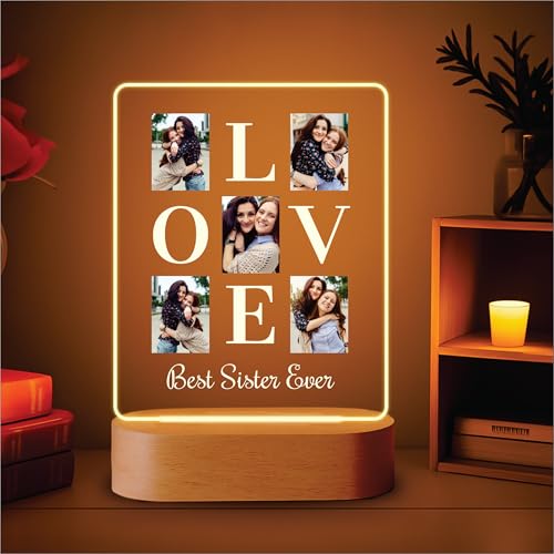 Image of Giftplease Personalised Rakhi Gift for Sister - Custom Acrylic Photo Collage Frame with Wooden Base, Meaningful Raksha Bandhan Keepsake from Brother, Personalized Memory Display for Siblings, Decor