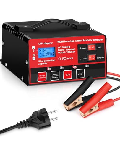 Arrinew Cargador de Batería para Coche 12V / 24V con Función de Reparación Pantalla LCD y Múltiples Protecciones para Auto Moto Camión Cortacésped Barco, Rojo y Negro