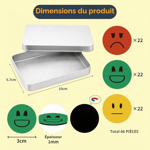FloraVigo Lot de 66 aimants Smiley, tableau de récompense pour enfants, bonne attraction magnétique, humeur, avec boîte en fer, tableau de réfrigérateur, cadeau de bureau, 3 cm – vue 2