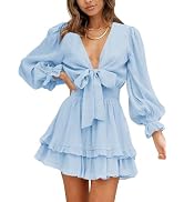Dokotoo Womens Casual Spring Summer 2025 Deep V Neck Knotted Tiered Chiffon Elegant Mini Short Sw...