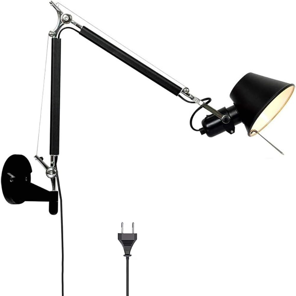 AoLa Wandleuchte Verstellbar Vintage Schwenkbar Wandlampe mit Schalter und Stecker Innen E27 Lange Arm Wand Leselampe Drehbar Schwarz Nachttischlampe mit 1.5M Kabel, für Schlafzimmer Wohnzimmer,36CM
