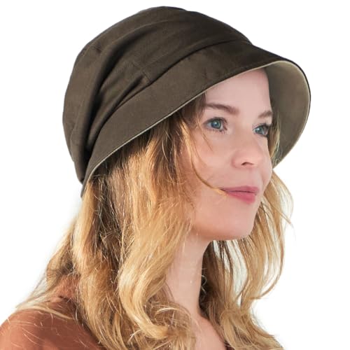 CHARM Womens Organic Cotton Sun Hat - Japanese Summer Reversible Chemo Cap Elastic Brown & Beige Grey