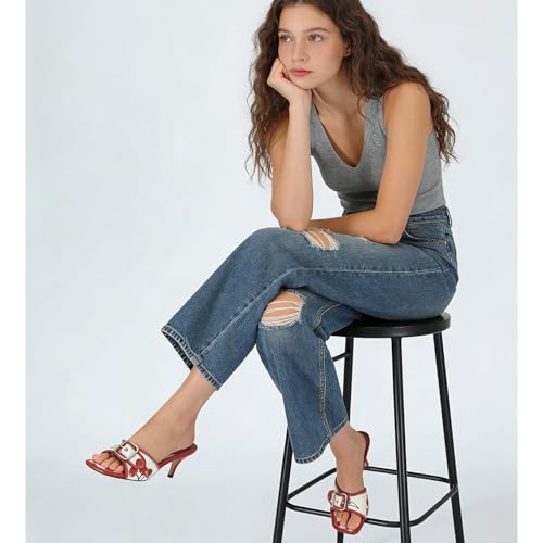 Image of Dsevht Black Kitten Heel Sandals Stiletto Low Heels Slip On Slides Mule Sandal Square Open Toe Dress Shoes for Women