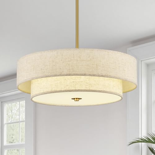 VONLUCE 18" Modern Drum Chandelier, 4-Light 2-Tier Linen Pendant Light