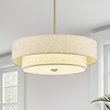 VONLUCE Modern Chandeliers, 18' Drum Chandeliers with 2-Layer Fabric Shade, 4-Light Pendant Light Fixture with E26 Bases, Light Fixture for Dining Room Bedroom Living Room, Linen Shade & Brass Finish