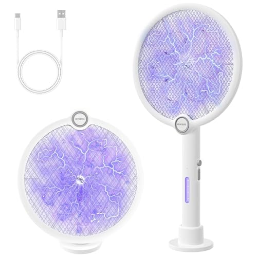 Gluckluz Raqueta Mosquitos Eléctrica, Matamoscas Electrico Recargable con USB Base, Antimosquitos Eléctrica con Luz Ultravioleta para Matar Mosquitos, Batería de 1800mAh (1, Blanco)