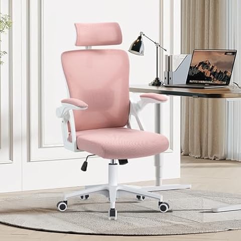 SEATZONE Ergonomic Office Chair Mesh Back Support Desk Chairs with Wheels and Flip-up Arms, Comfortable Computer Chair Lumbar Support for Teens and Adults,Light Pink Cover