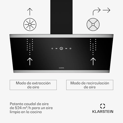 Klarstein FlashLine Campana extractora - 90 cm campana cocina decorativa, pantalla táctil, 524 m³/h, a++ eficiencia energética, iluminación led, silenciosa 34,5 db, negra, conductos & recirculación - imagen 2