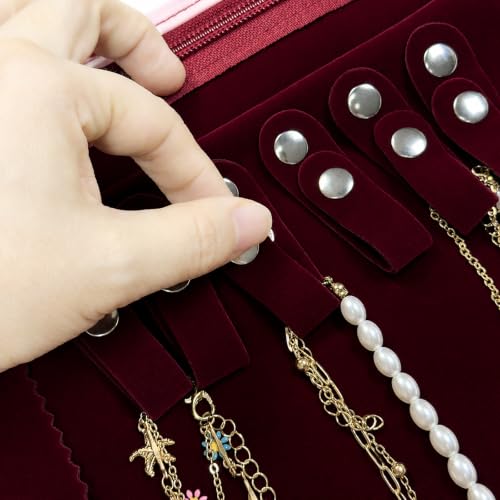 Image of UnionPlus Travel Jewelry Roll Organizer Multiple Compartments, Burgundy