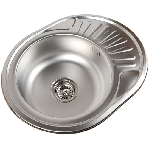 ANW HOME Stainless Steel Kitchen Sink with Drainer 57x45 cm with Siphon, Small Round Washbasin, Mikro Decor Topmount Single Bowl