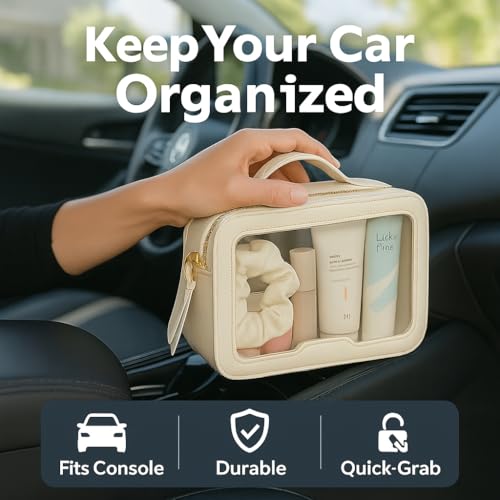 PACKISM Medium Clear Makeup Bag - PU Leather Clear Travel Bags for Toiletries Car Bag for Essentials, with Message Card Cosmetic Bags Makeup Case for Women Gift (Cream Medium)2