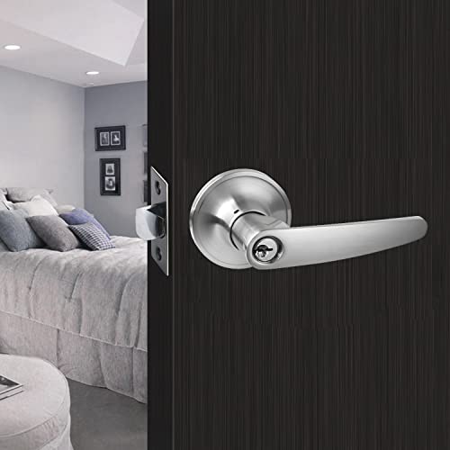 Hisafe Entry Lever Door Handle Satin Nickel Finish Locking Lever Set, Classic Door Handle With Lock, 1 Pack #TOP5