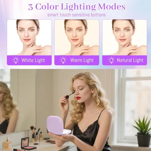 Collazoey Led Specchio Ingranditore, 1X/10X Specchietto Da Borsetta, Chargement Par Usb, 3 Luci Regolabile Portatile Specchio Da Viaggio, Interruttore Magnetico Pieghevole Piccolo Mirror (Viola) - 6