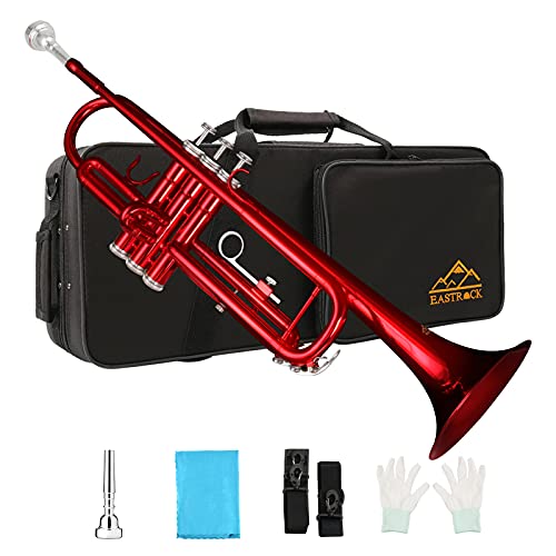 EASTROCK Standard Bb Trumpet Brass Set Red for Student Beginner Brass Instrument with Hard Case, Gloves, 7C Mouthpiece, Valve Oil and Trumpet Cleaning Kit