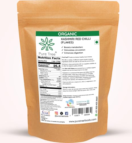 Image of Pure Tree Certified Organic Kashmiri Red Chilli Flakes | 350 g | Crushed Red Pepper Flakes | Organic Red Pepper Flakes Chili for Seasoning for Pizza & Salad | Dry Kashmiri Red Chilli Flakes