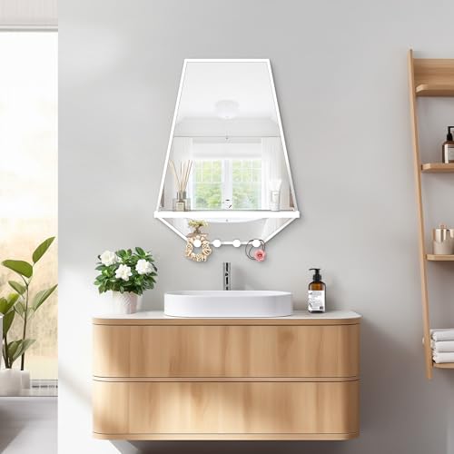 Image of BEAUTME 26x20 inch Bathroom Mirror with Shelf, Irregular Hexagonal Metal Wall Mirrors with Hooks, Bathroom Vanity Mirror Farmhouse, Wall Mounted Mirror Decor for Living Room Bedroom Entryway (White)