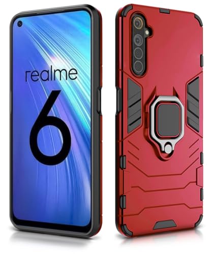 Image of WOW IMAGINE Shock Proof Back Case Mobile Cover for Realme 6 | Back Cover Case (Tough Armor | Hybrid PC + TPU | Ring Holder & in-Built Kickstand | Red)