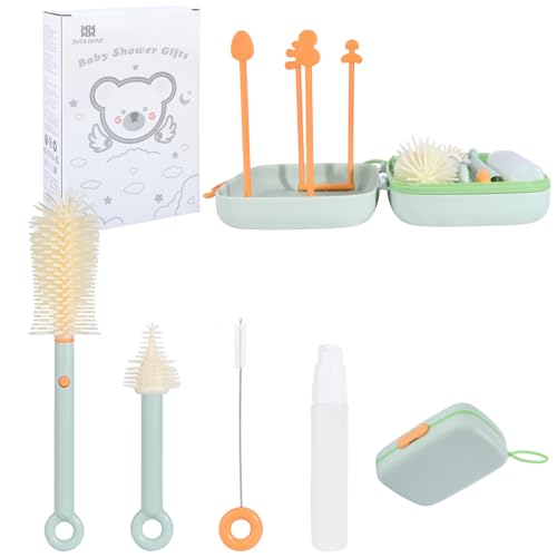 Bebamour Juego de cepillos de viaje para biberones con cepillo portátil de silicona para biberones, cepillo limpiador de pezones, cepillo para pajitas, dispensador de jabón y rejilla,Green