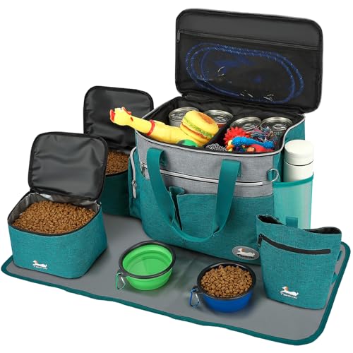 TAIHOYIN Hund Reisetasche Flugzeug Haustier Reiseset für Hundezubehör mit 2 Futtertasche+2 Zusammenklappbare Schüsseln+Fütterungsmatte+Hundeleckerli Tasche Hundetragetasche für Unterwegs, Blau grün