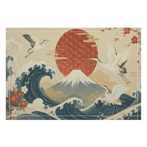 Elegant Cranes and Golden Waves Linen Placemats Set of 1PCS, 12 X 18 Inch Heat Resistant Washable Non Slip Reusable Table Mats for Kitchen Home Restaurant Wedding Holiday Decor