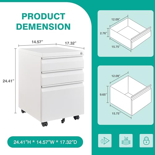 Image of Assembled 3 Drawer File Cabinet with Wheels,Under Desk File Cabinet with Lock,White Rolling Filing Cabinets, Metal Filing Cabinets for Home Office,Fit A4 /Letter /Legal,Pre-Assembled Except Caster