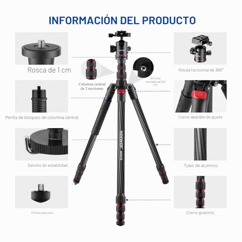 Miniatura 9 de Neewer 205cm Trípode De Viaje Para Cámara De Fibra De Carbono, Trípode De Fotografía Con Monopie Ejes Centrales De 2 Partes, Cabezal De Bola Panorámico De 360 , Carga Máxima 12kg, N55cr