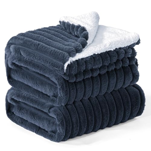 INFIIXSO Sherpa Fleece Queen Size Blanket - Super Soft & Warm Striped Fleece, Cozy Plush Fluffy Large Bed Blanket All Season Use (Navy Blue, 90x90 Inches) by INFIIXSO - Used condition - US$28.34
