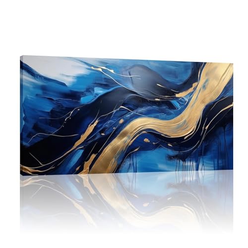 Art mural abstrait bleu or grand format pour habiller un grand mur vide