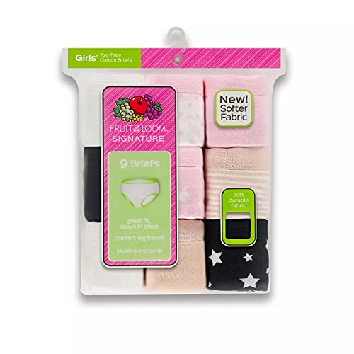 Fruit of the Loom Girls' Assorted Brief (Pack of 9), Pink/Black/White/Beige, 42